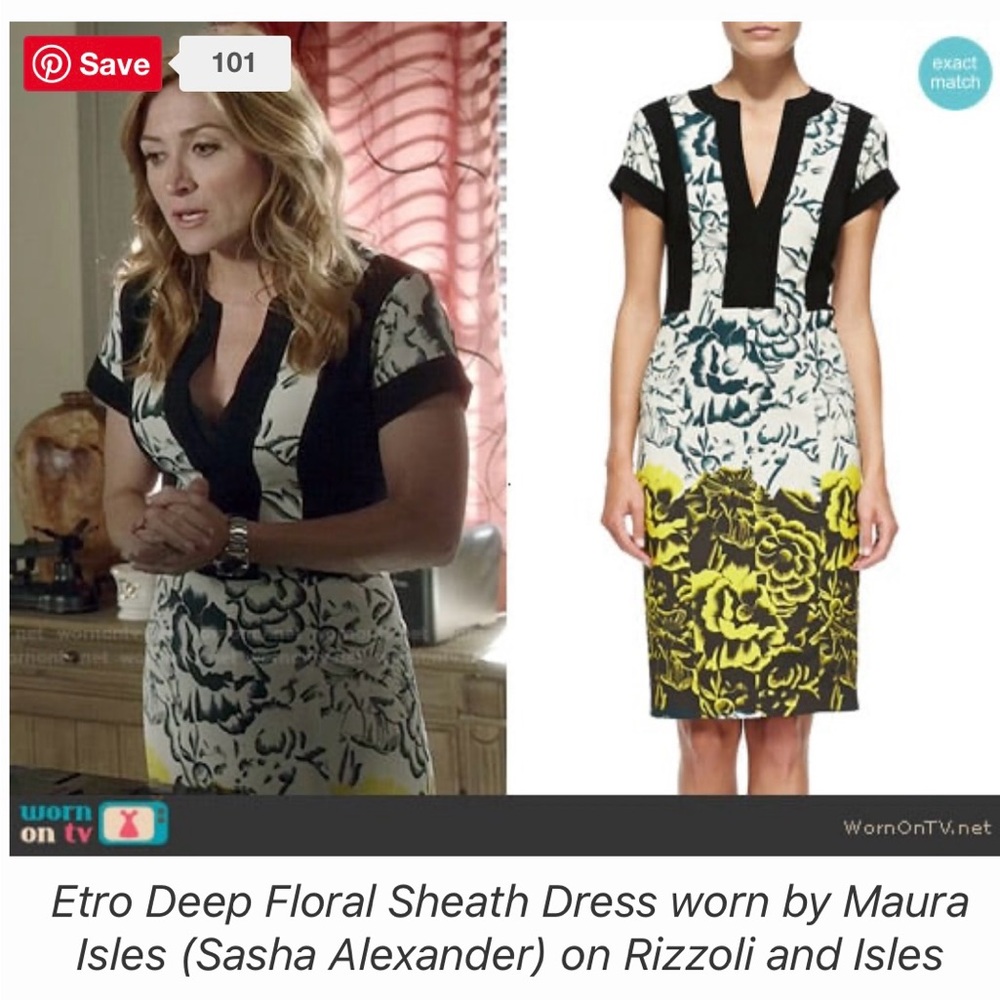 Etro Milano Italy Black, white Yellow Floral Sheath Dress seen on TV sz42 (US 6)